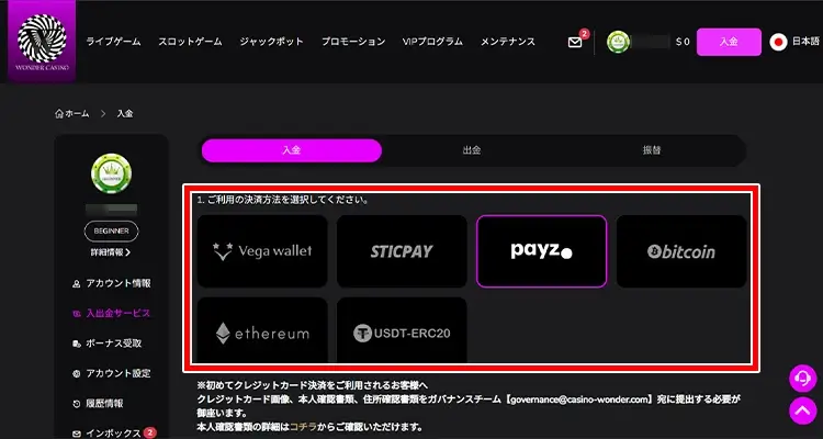 ワンダーカジノ入金方法